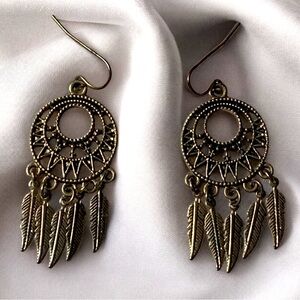 Brass Metal Dream Catcher Dangling Feathers Woman’s Pierced Earring’s Jewelry